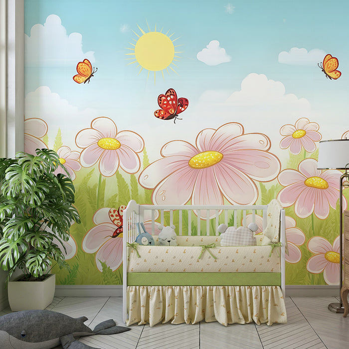 Papel pintado infantil | Flores de primavera y mariposas