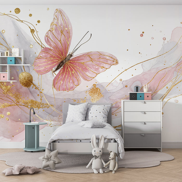 Papir tapet sommerfugl | Pastel- og gylden elegance