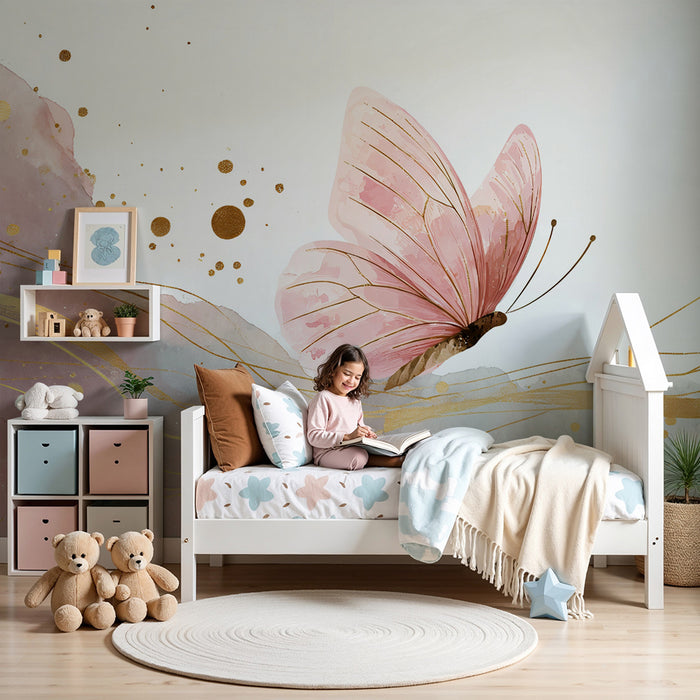 Fjernede sommerfugl akvarel tapet | Elegant pink og gylden