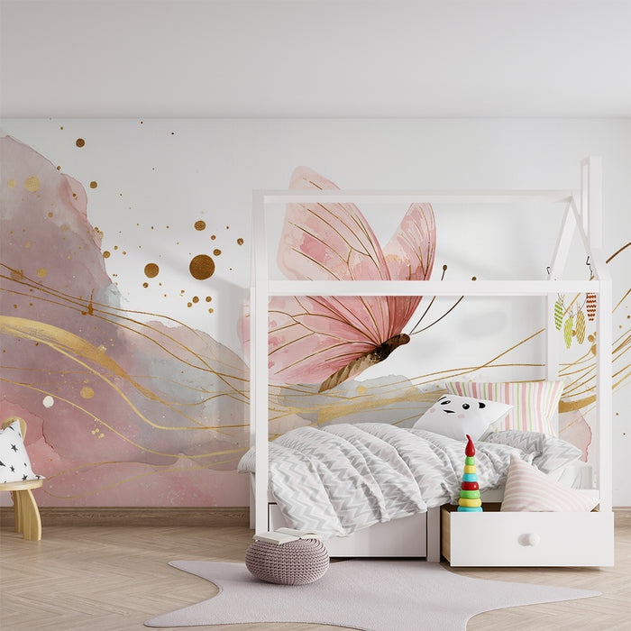 Fjernede sommerfugl akvarel tapet | Elegant pink og gylden