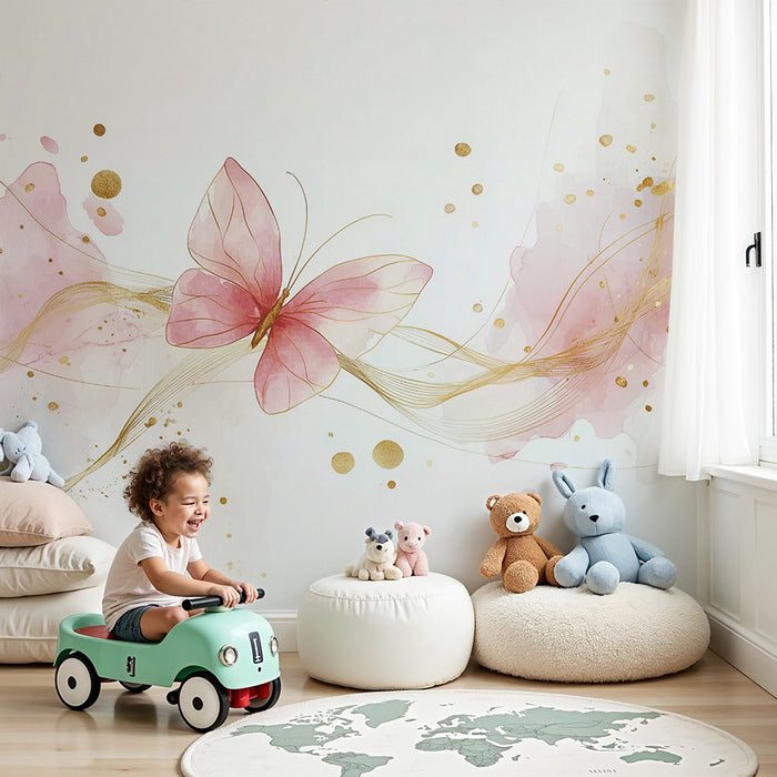 Fugletapet | Blid gylden og lyserød akvarel