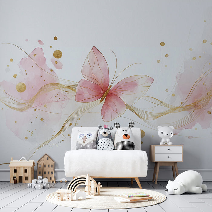 Fugletapet | Blid gylden og lyserød akvarel