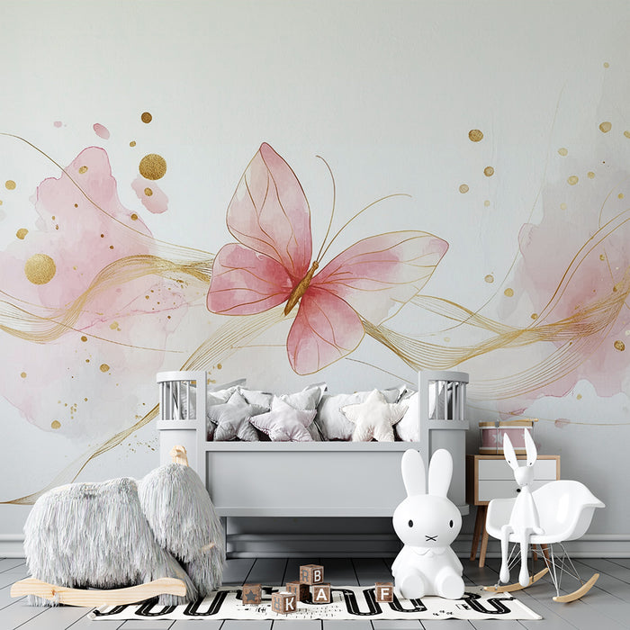 Fugletapet | Blid gylden og lyserød akvarel