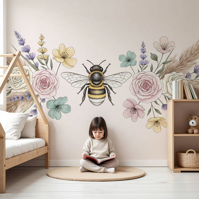 Nursery room wallpaper | Bee and delicate flowers on a pastel background