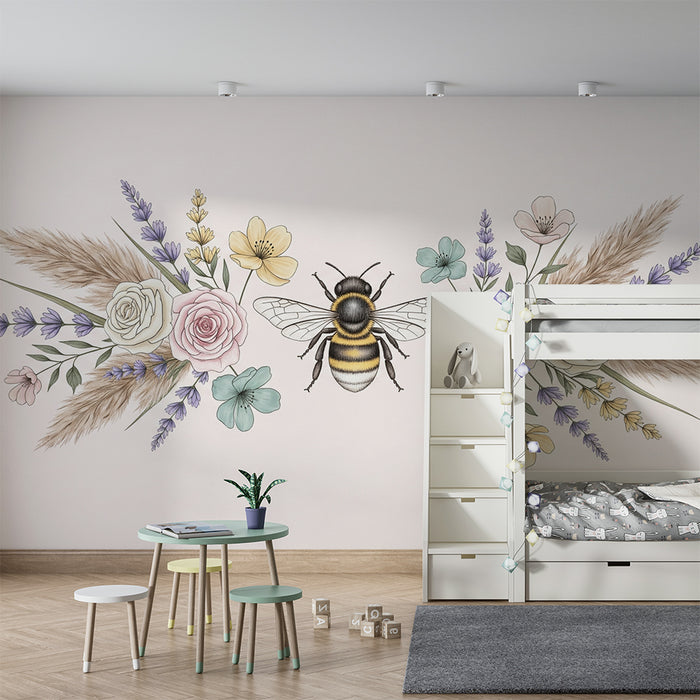 Nursery room wallpaper | Bee and delicate flowers on a pastel background