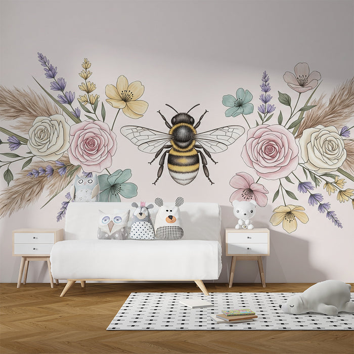 Nursery room wallpaper | Bee and delicate flowers on a pastel background