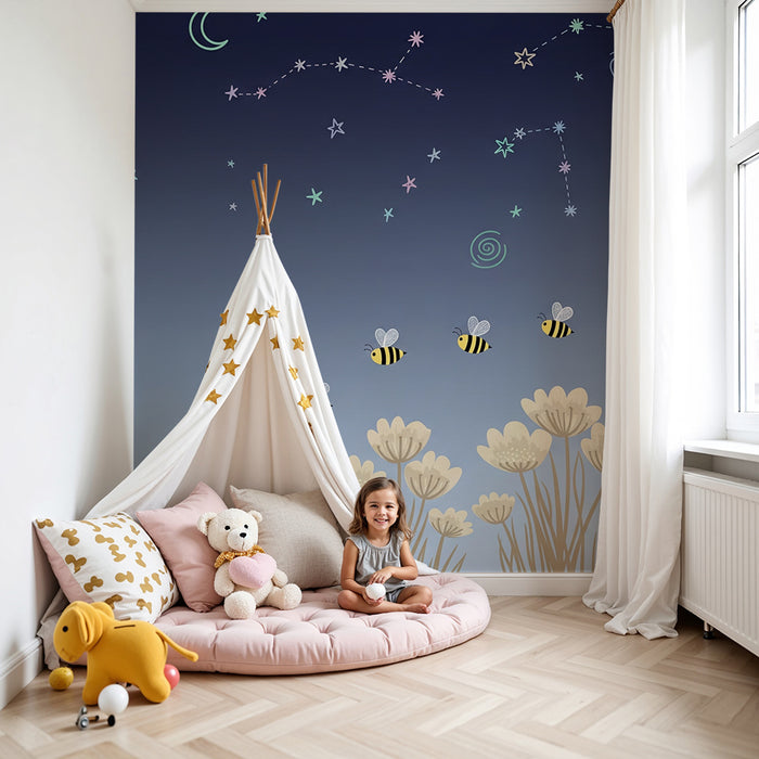 Papier peint chambre bébé | Abeilles et ciel étoilé