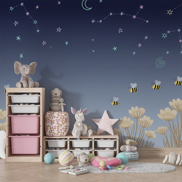 Papier peint chambre bébé | Abeilles et ciel étoilé