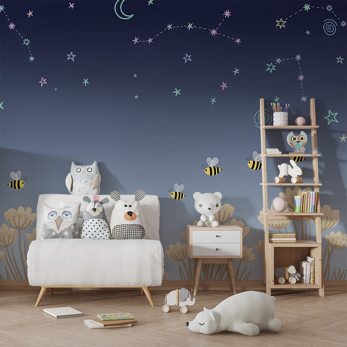 Papier peint chambre bébé | Abeilles et ciel étoilé