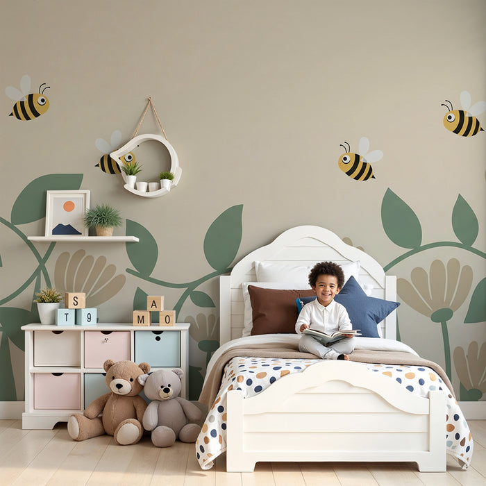 Papier peint chambre bébé | Abeilles et fleurs délicates