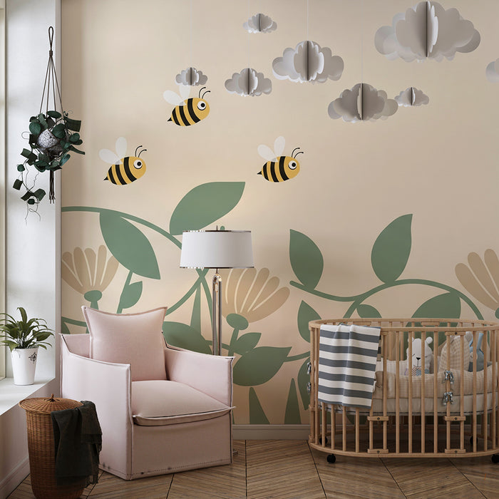 Papier peint chambre bébé | Abeilles et fleurs délicates