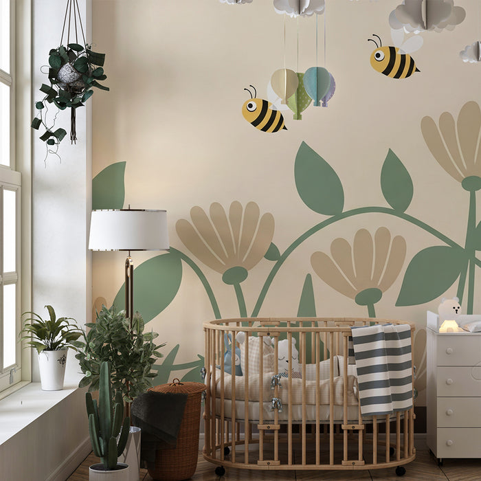 Papier peint chambre bébé | Abeilles et fleurs délicates