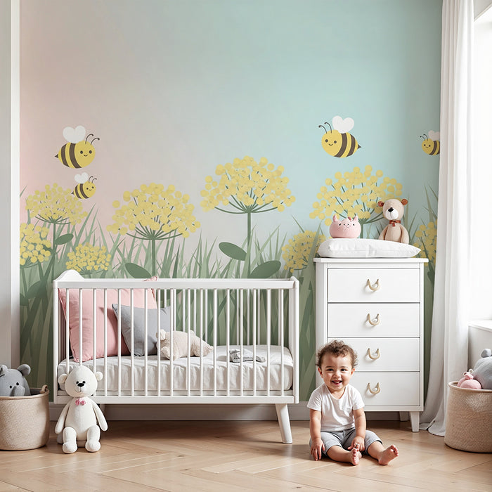 Papier peint chambre bébé | Abeilles joyeuses et fleurs ensoleillées