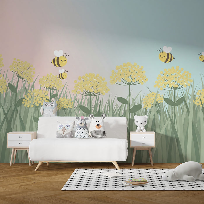 Papier peint chambre bébé | Abeilles joyeuses et fleurs ensoleillées