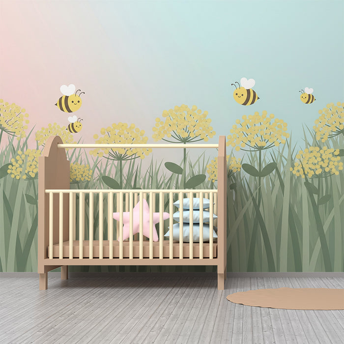 Papier peint chambre bébé | Abeilles joyeuses et fleurs ensoleillées