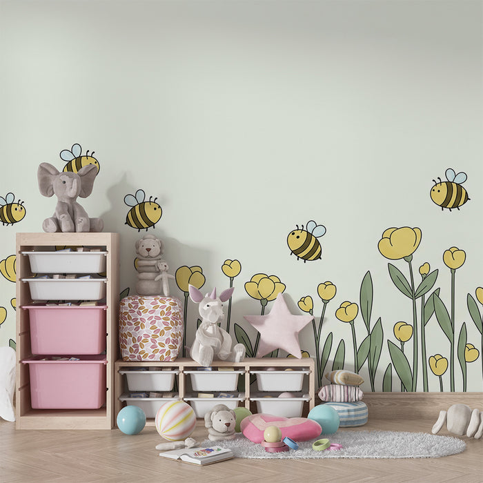 Papier peint chambre bébé | Abeilles joyeuses et fleurs jaunes