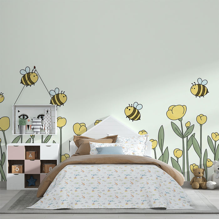 Papier peint chambre bébé | Abeilles joyeuses et fleurs jaunes