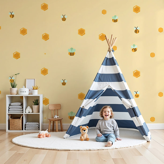 Nursery Wallpaper | Cheerful Bees and Honeycombs on a Soft Background
