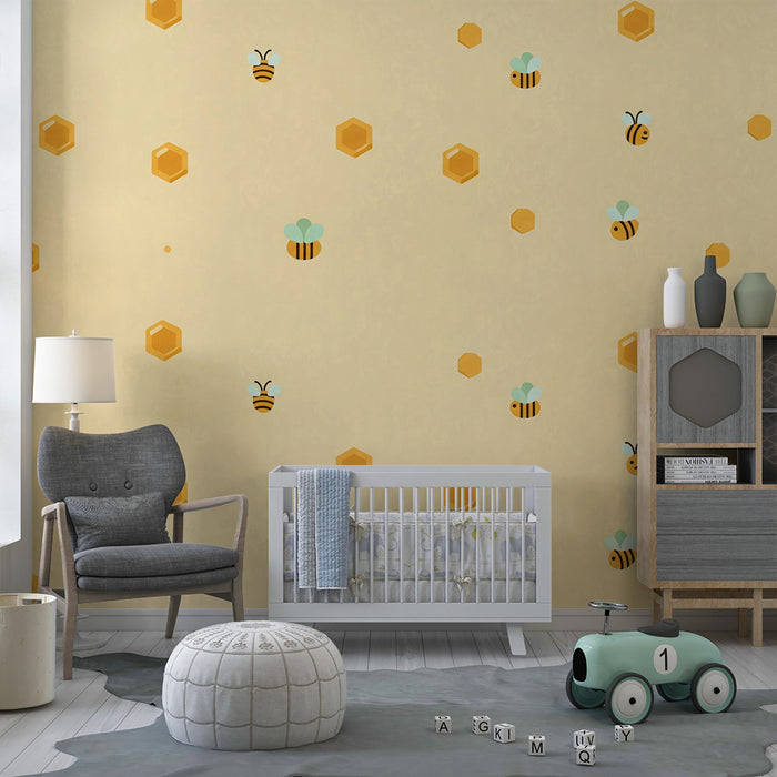 Nursery Wallpaper | Cheerful Bees and Honeycombs on a Soft Background