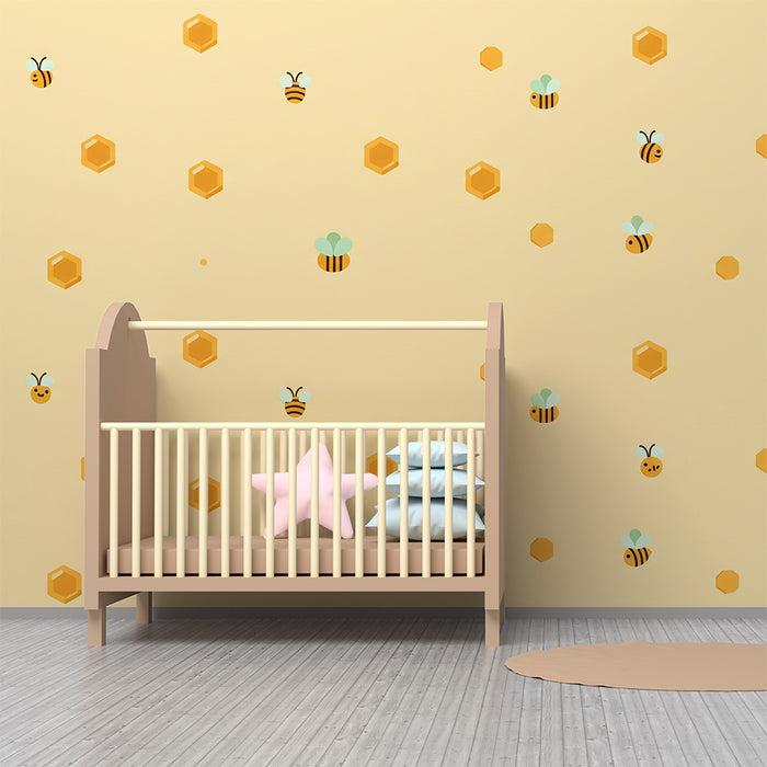 Nursery Wallpaper | Cheerful Bees and Honeycombs on a Soft Background