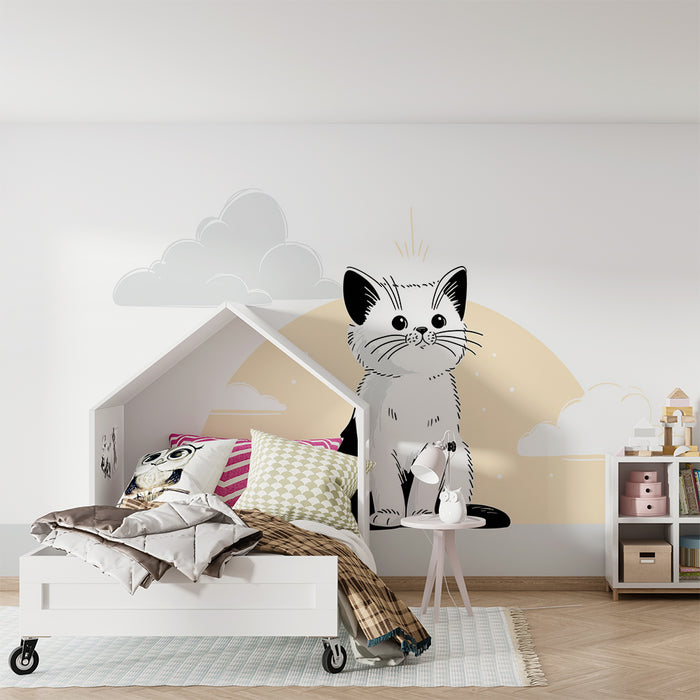 Nursery room wallpaper | Adorable kitten in a soft sky