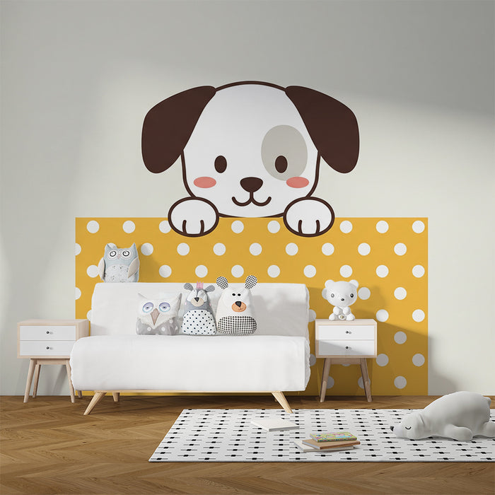 Papier peint chambre bébé | Adorable chiot avec un fond à pois jaunes