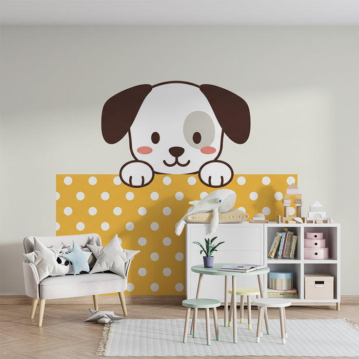 Papier peint chambre bébé | Adorable chiot avec un fond à pois jaunes