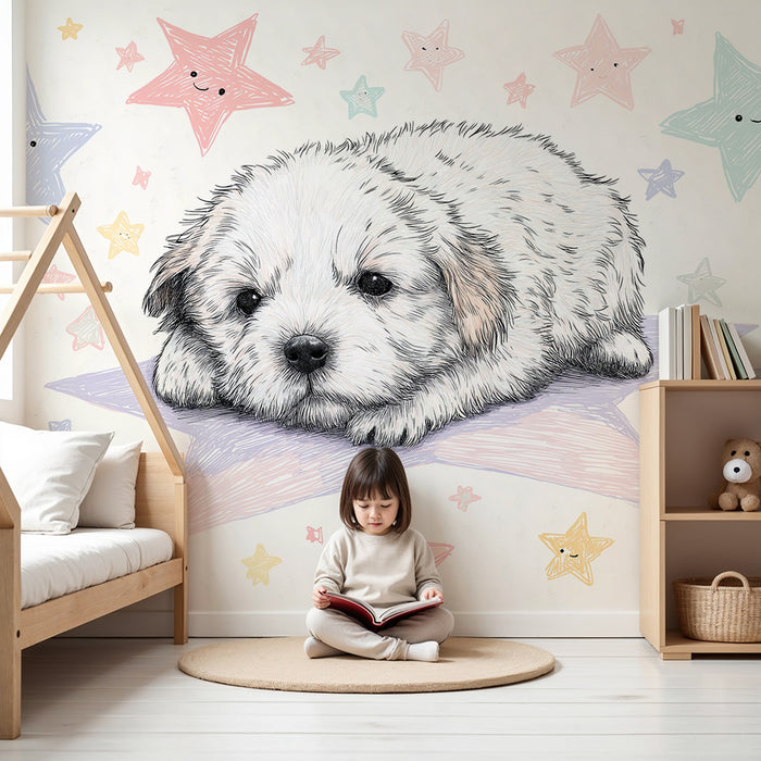 Papier peint chambre bébé | Adorable chiot sur une étoile avec des étoiles souriantes