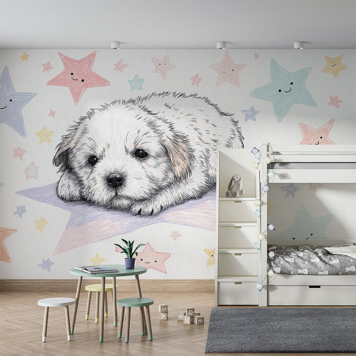 Papier peint chambre bébé | Adorable chiot sur une étoile avec des étoiles souriantes