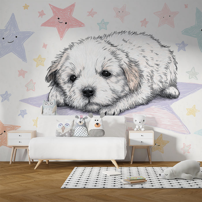 Papier peint chambre bébé | Adorable chiot sur une étoile avec des étoiles souriantes