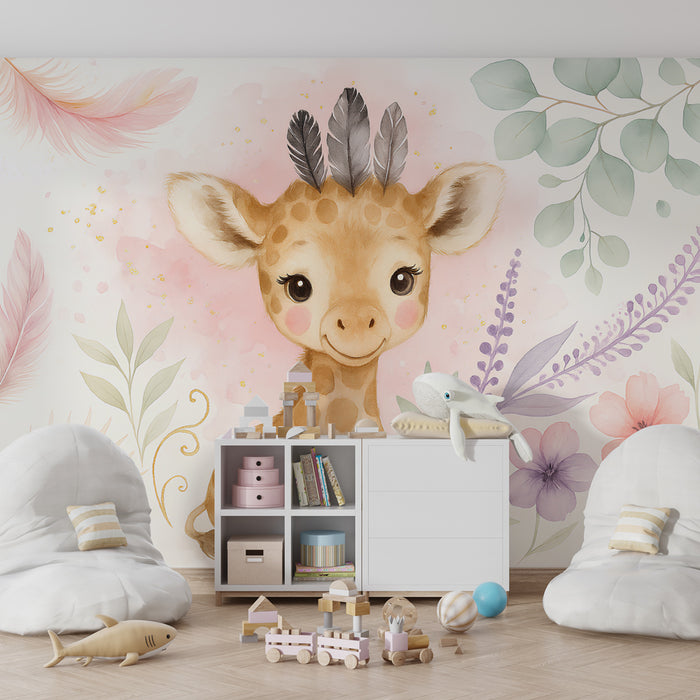 Babykamer behang | Schattige giraf en zachte bloemen