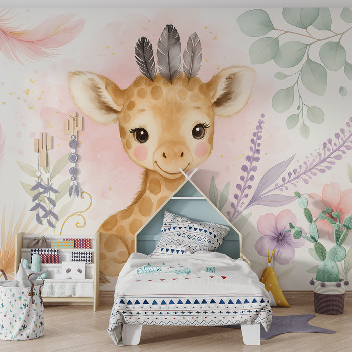Babykamer behang | Schattige giraf en zachte bloemen