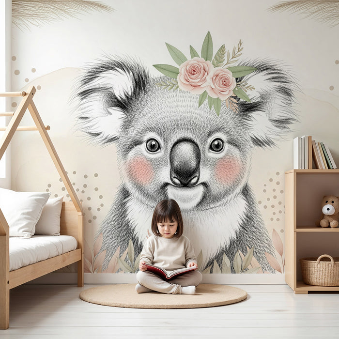 Papier peint chambre bébé | Adorable koala avec fleurs