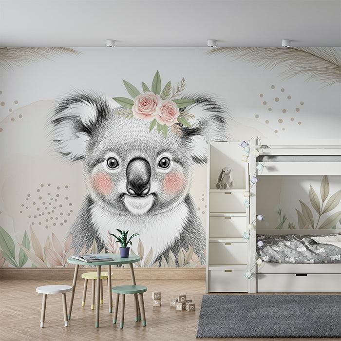 Papier peint chambre bébé | Adorable koala avec fleurs