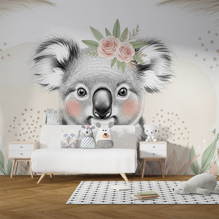 Papier peint chambre bébé | Adorable koala avec fleurs