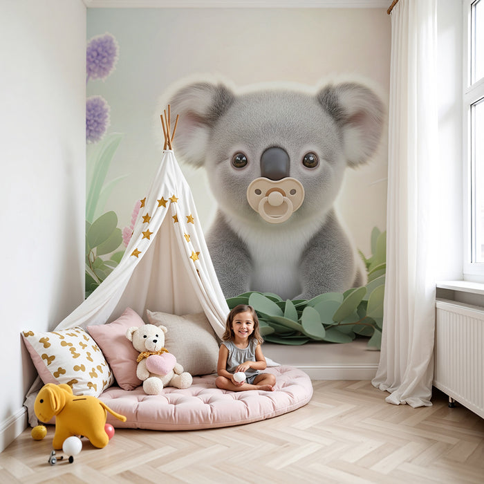 Papier peint chambre bébé | Adorable koala dans un jardin coloré