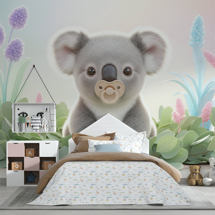 Papier peint chambre bébé | Adorable koala dans un jardin coloré