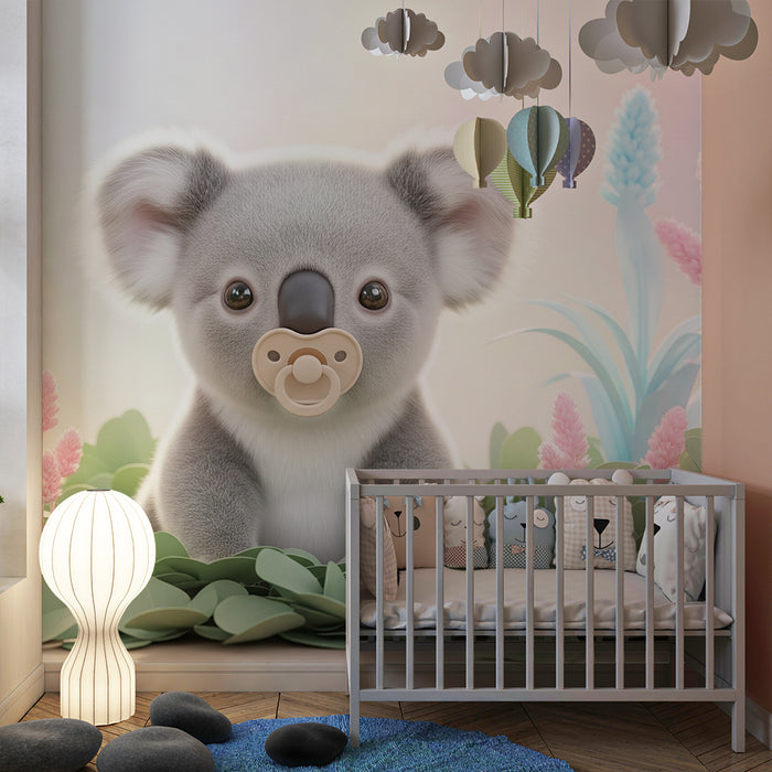 Papier peint chambre bébé | Adorable koala dans un jardin coloré