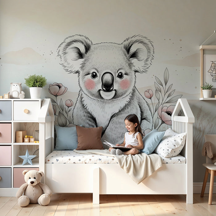 Papier peint chambre bébé | Adorable koala et fleurs délicates