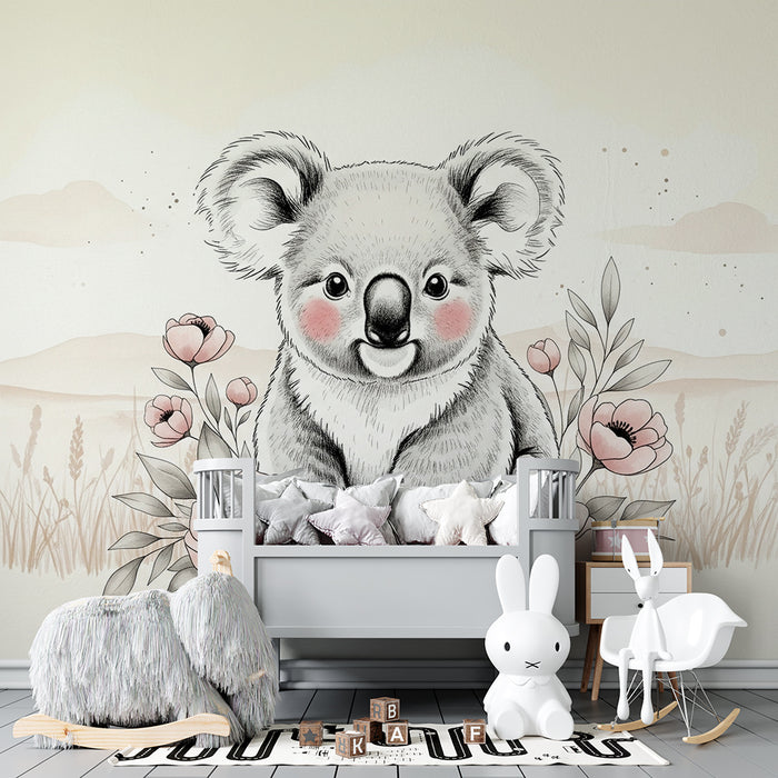Papier peint chambre bébé | Adorable koala et fleurs délicates