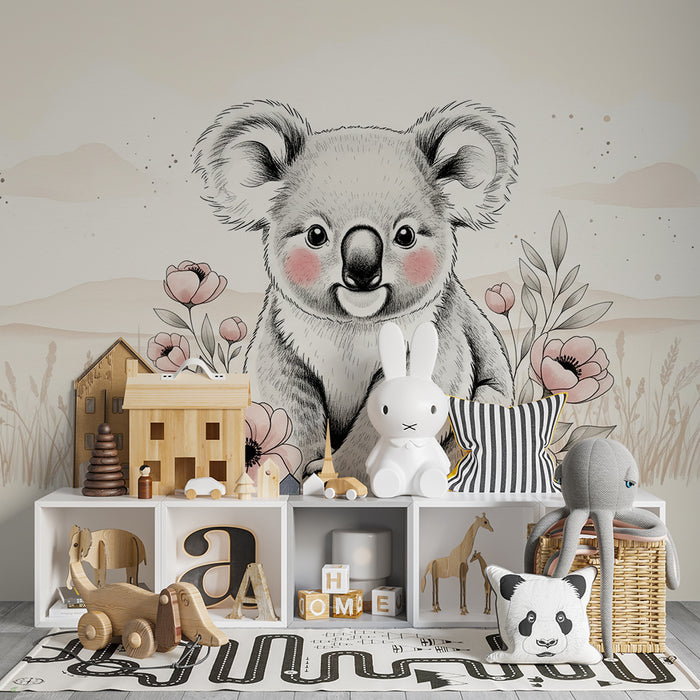 Papier peint chambre bébé | Adorable koala et fleurs délicates