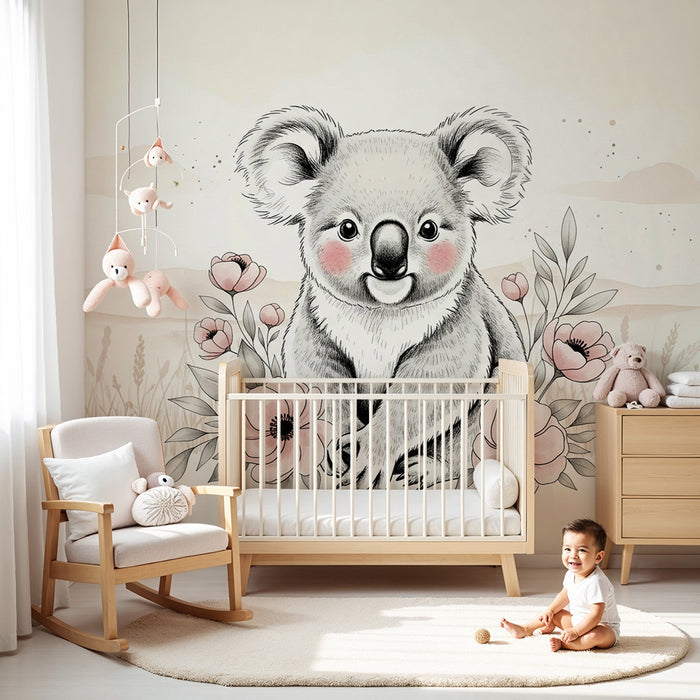 Papier peint chambre bébé | Adorable koala et fleurs délicates