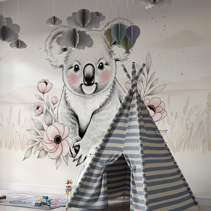 Papier peint chambre bébé | Adorable koala et fleurs délicates