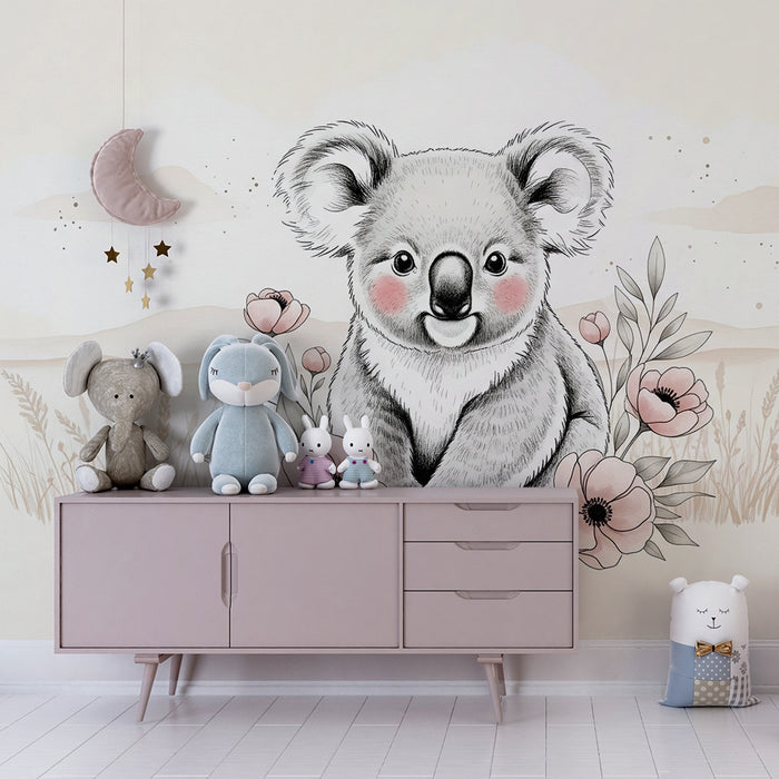 Papier peint chambre bébé | Adorable koala et fleurs délicates
