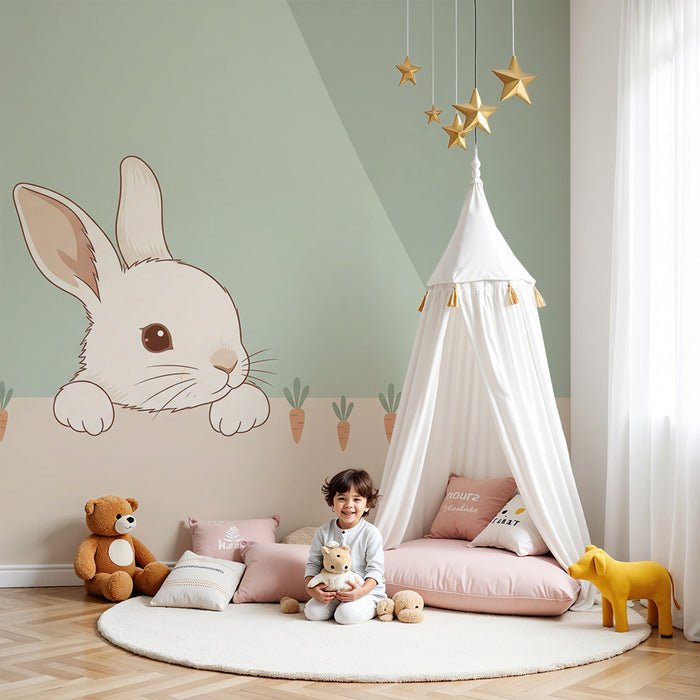 Papel de parede para quarto de bebé | Coelho curioso e adorável com cenouras coloridas