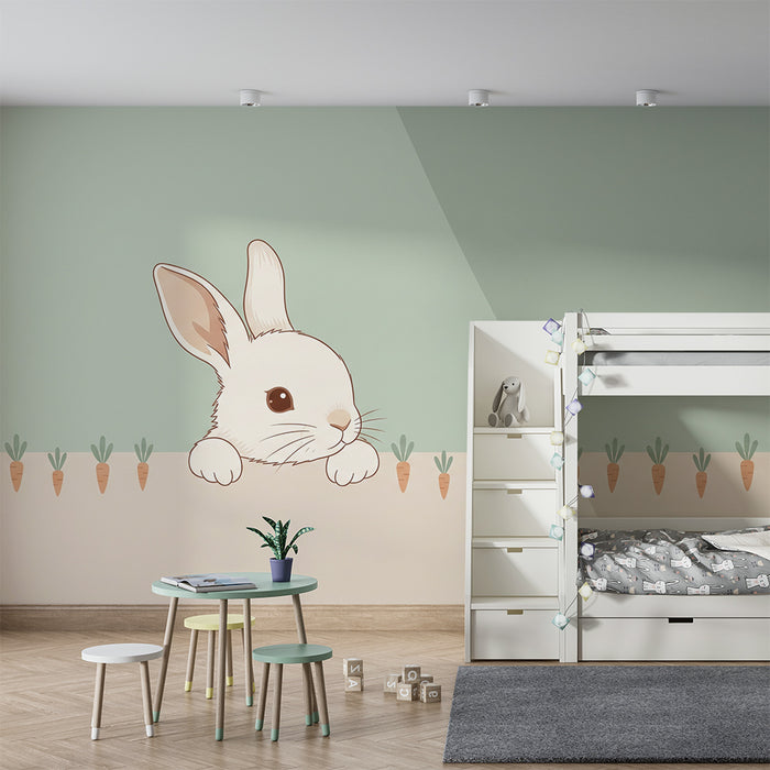 Papel de parede para quarto de bebé | Coelho curioso e adorável com cenouras coloridas