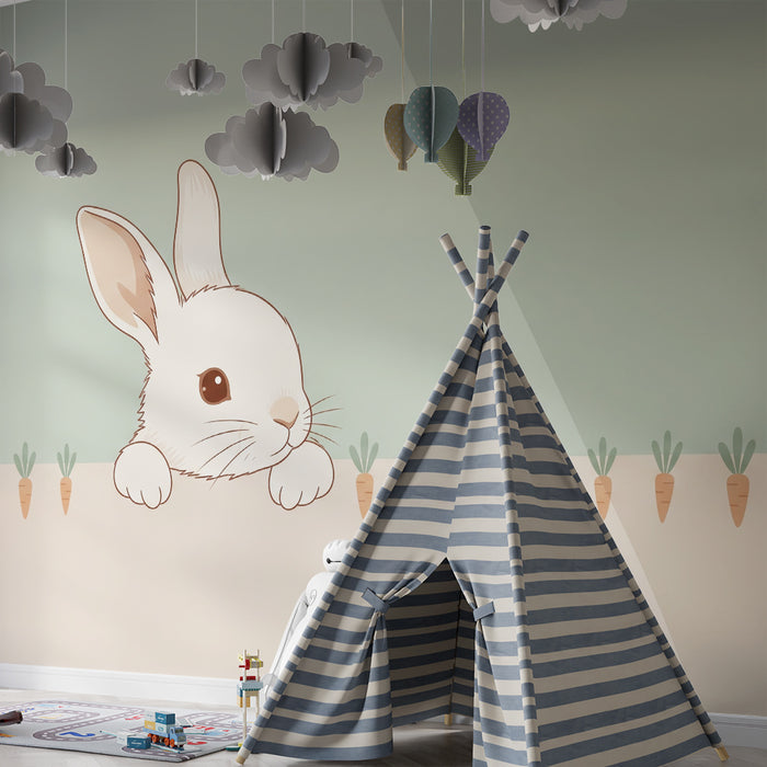 Papel de parede para quarto de bebé | Coelho curioso e adorável com cenouras coloridas