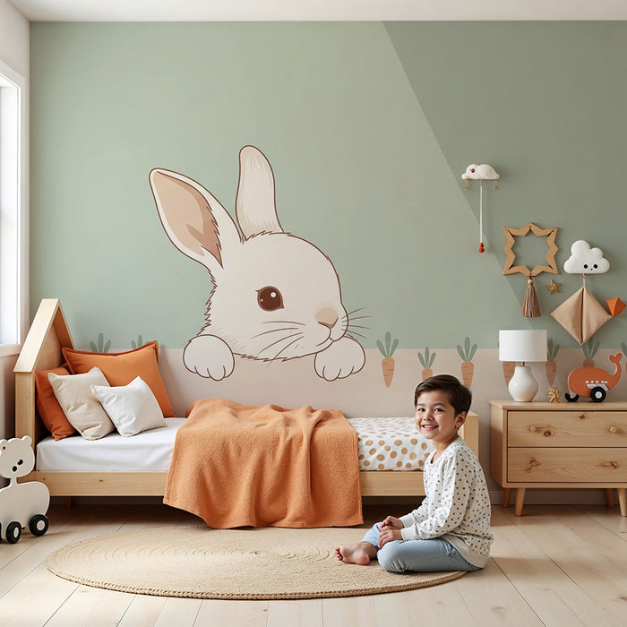 Papel de parede para quarto de bebé | Coelho curioso e adorável com cenouras coloridas