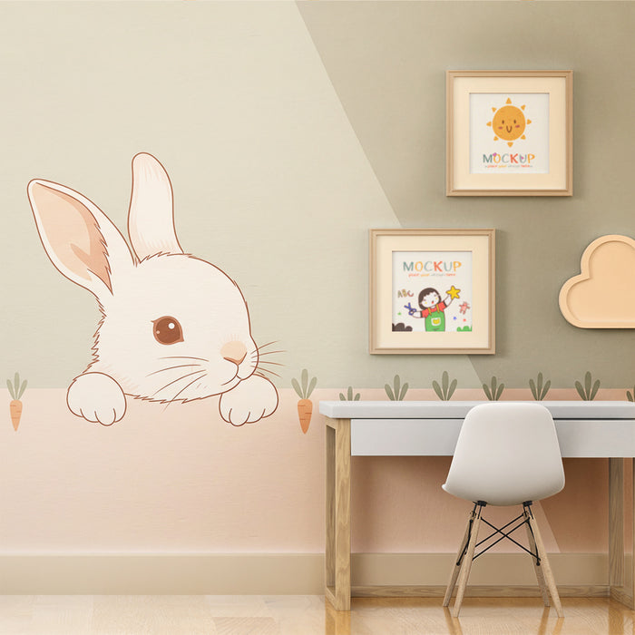 Papel de parede para quarto de bebé | Coelho curioso e adorável com cenouras coloridas