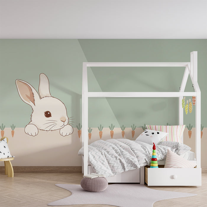 Papel de parede para quarto de bebé | Coelho curioso e adorável com cenouras coloridas